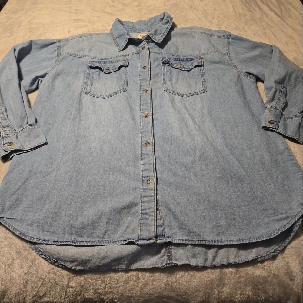 Sofia Vergara Women's Xl Long Light Blue Denim Button-Up Shirt, Jean Button-up